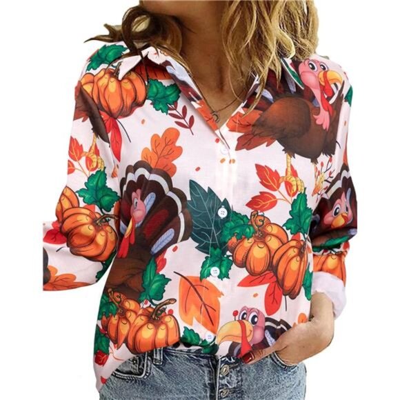 Women’s Thanksgiving Shirt - Turkey Pumpkin Long Sleeve Button-Down - Picture 1 of 7